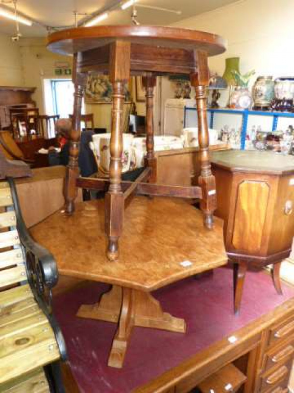 Oak adze cut octagonal coffee table and circular pub table