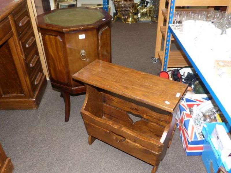 Mahogany octagonal leather topped pedestal cabinet, folding table-screen and magazine stand (3)
