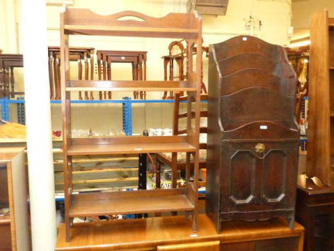 Medium oak open bookcase and oak magazine stand (2)