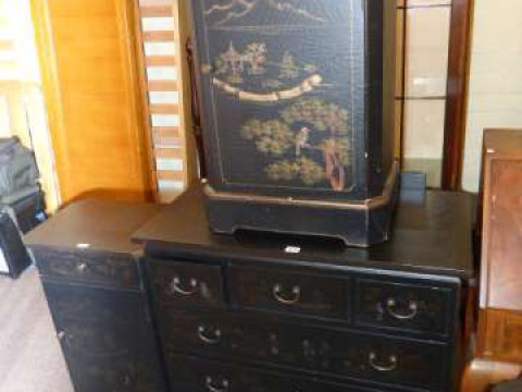 Chinoiserie decorated six drawer chest, pair matching side cabinets and...