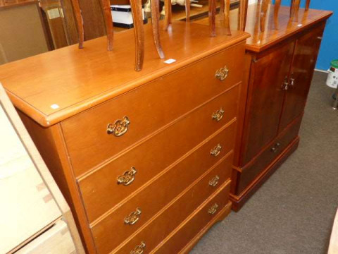 Stag five drawer chest and yew double door television cabinet (2)