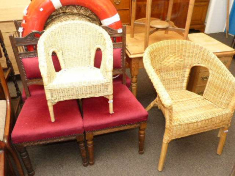 Set of four late Victorian dining chairs, two wicker chairs, folding chair...