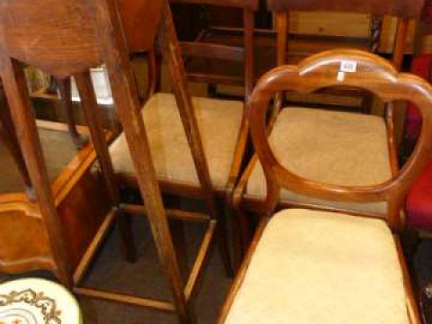 Three Victorian dining chairs, oak barley twist trolley and plant stand...