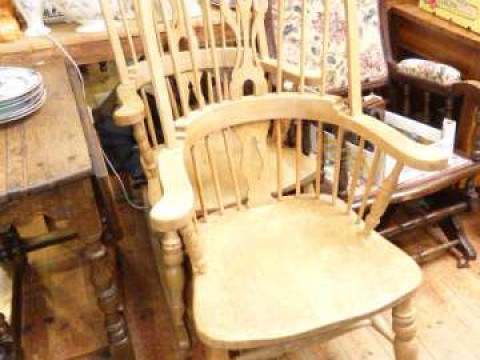 Pair beech Windsor style farmhouse armchairs