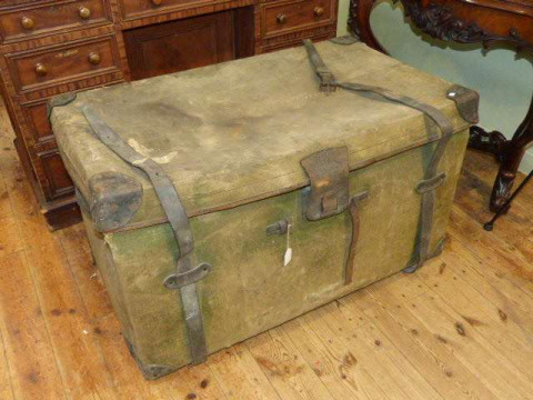 Large vintage canvas and leather bound travelling trunk