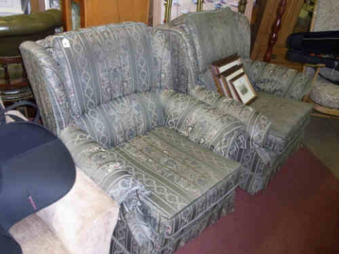 Pair Wade Easy Chairs in Green Striped Classical Cover