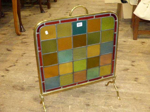 Edwardian satin brass and coloured leaded glass firescreen