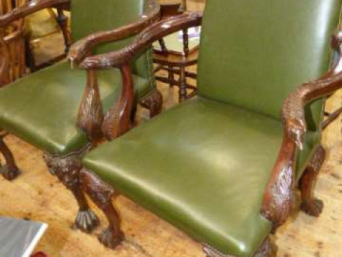 Pair 18th Century style mahogany and green leather library chairs on mask...