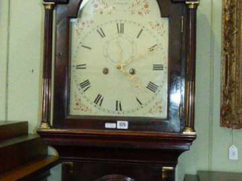 Antique mahogany eight day longcase clock having painted arched dial signed...