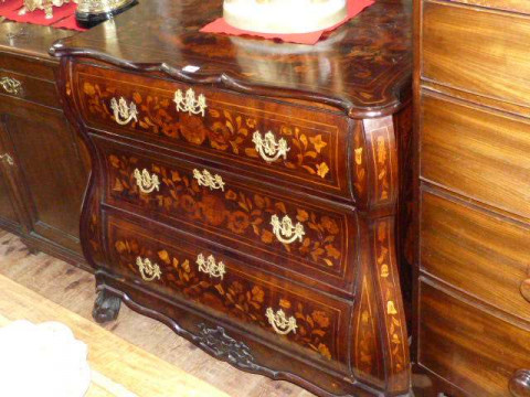 18th/19th Century Dutch floral marquetry and walnut bombe commode of three...