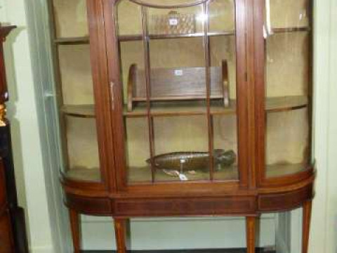 Edwardian inlaid mahogany vitrine having dome topped breakfront central...