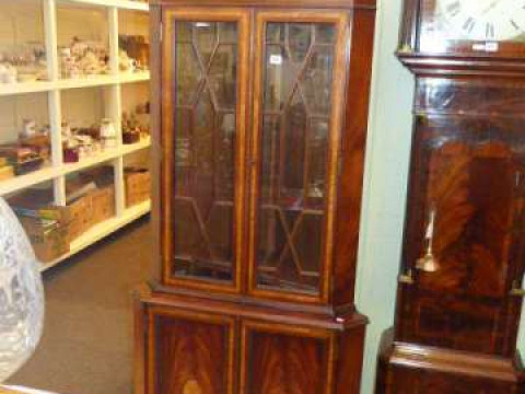 Mahogany and satinwood inlaid astragal glazed four door double corner...