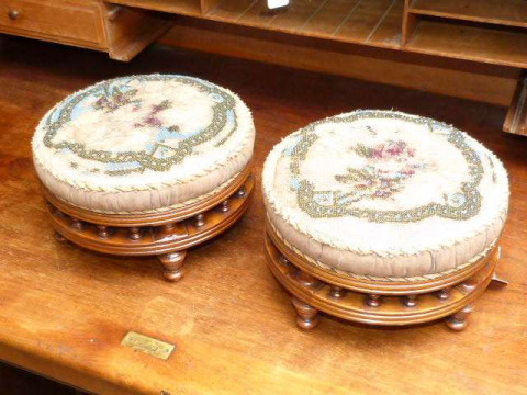 Pair Victorian circular beadwork footstools