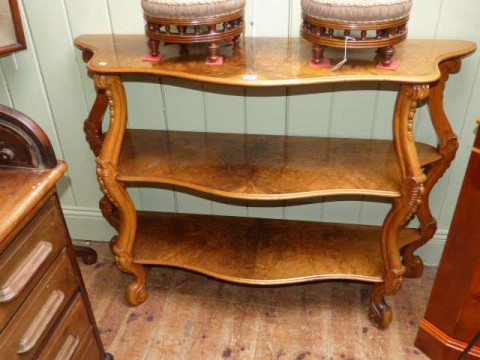 Burr walnut serpentine front three tier etagere