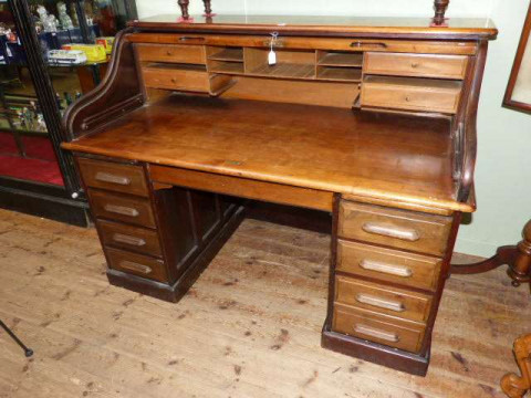 Mahogany S Shaped double pedestal roll top desk