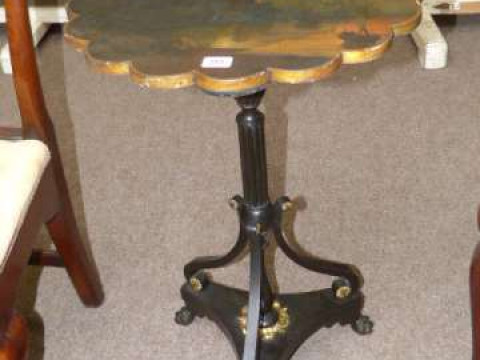 Triform occasional table the top painted with a castle by the waterside