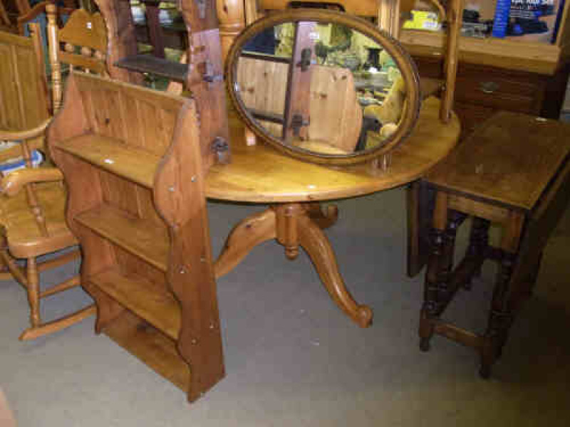 Neat Oak Drop Leaf Table, Pine Open Shelf Unit, Wall Rack and Oval Oak Framed Mirror (4)