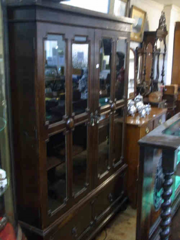 1920's Oak Jacobean Style Glazed Door Cabinet Bookcase