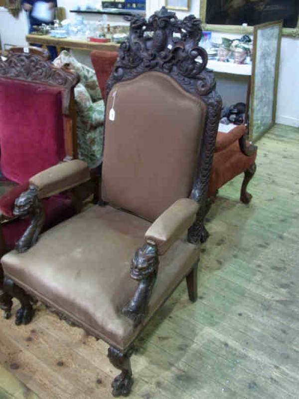 Victorian Heavily Carved Oak High Back Elbow Chair