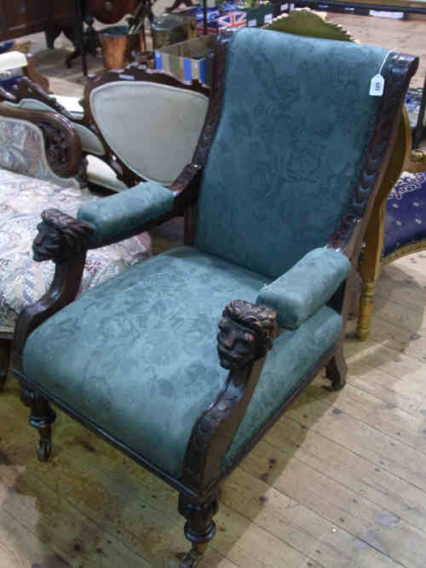 Victorian Carved Mahogany Armchair with lion mask terminals