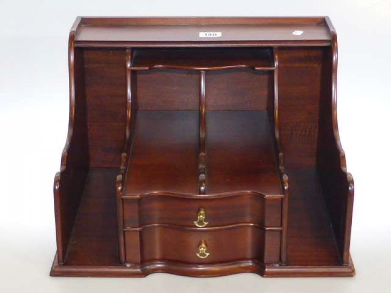Mahogany stationery holder with two central document holders above two drawers flanked by larger document holders