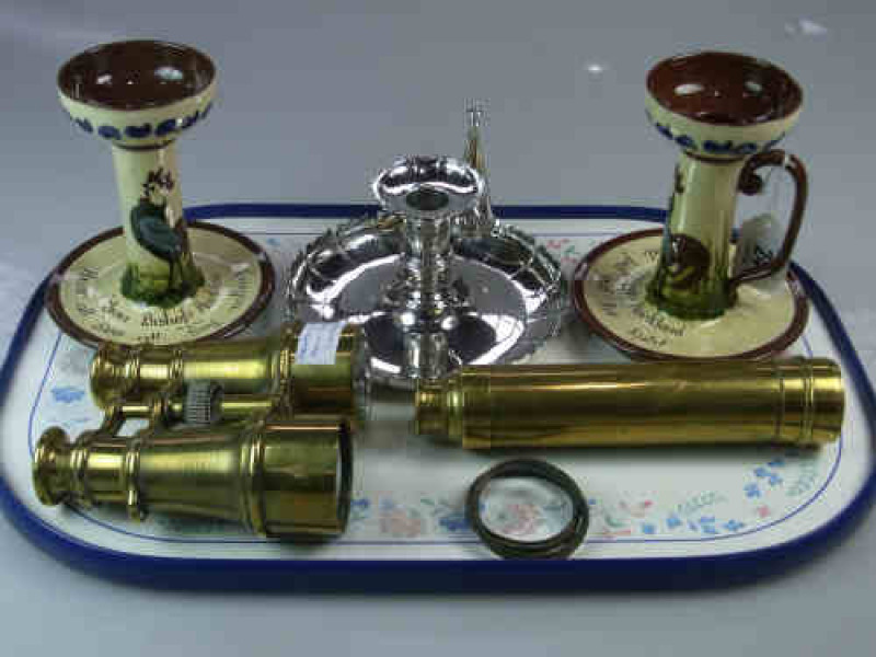 Silver Plated Chamber Candlestick, Pair of Brass Binoculars, Brass Telescope and a Pair of Torquay Ware Chamber Candlesticks (5)