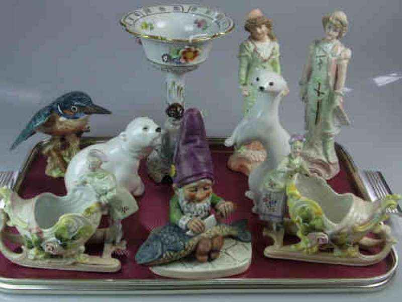 Pair of Continental Parian Figures, Hummel Dwarf with Trout, Pair of Continental Sleighs with Figures, USSR Bear and Stoat, Continental Cherub Vase and a Kingfisher (9)