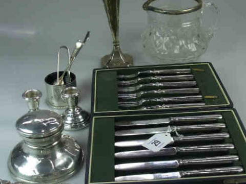 Silver Capstan Pattern Inkwell, Pair Dwarf Candlesticks, Vase, Condiments,...