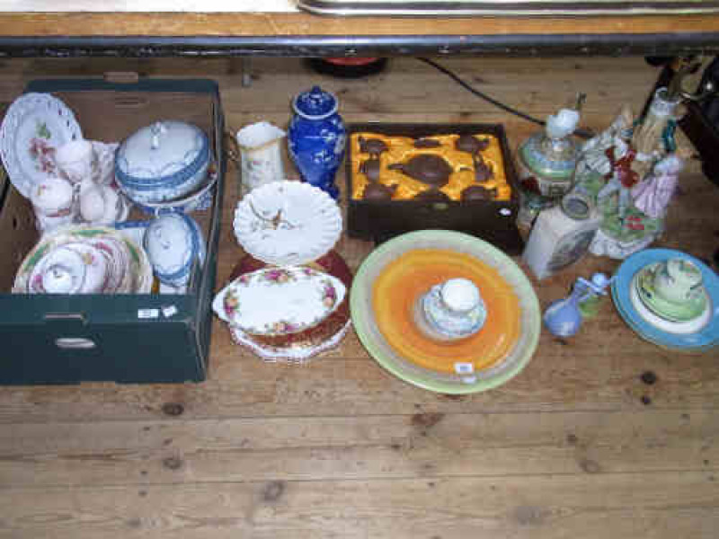 Table Lamp Decorated with Figures, Shelley Plate, Boxed Chinese Brown Pottery Tea Set and Other Assorted Ceramics