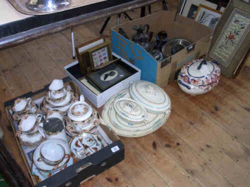 Stoke Pottery Tureen, Three Piece Plated Tea Service and Other Metal Ware, Copper Lustre Jug, Victorian Tea Service, Japanese Teaware, Two Oriental Ivory Tureens and Plates and a Quantity of Pictures etc