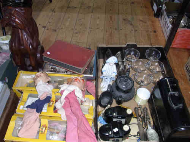 Three Pelham Puppets, Cameras, Six Babycham Glasses, Carved Wooden Dog, Pair of Pottery Horses, Victorian Black Glazed Teapot and Cream Jug, Two Glove Puppets, Stamp Albums etc