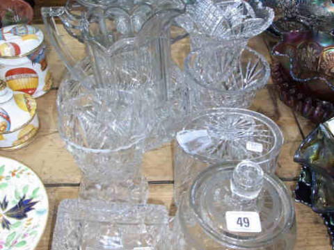 Five Cut Glass Vases, Two Biscuit Barrels, Cheese Dish etc