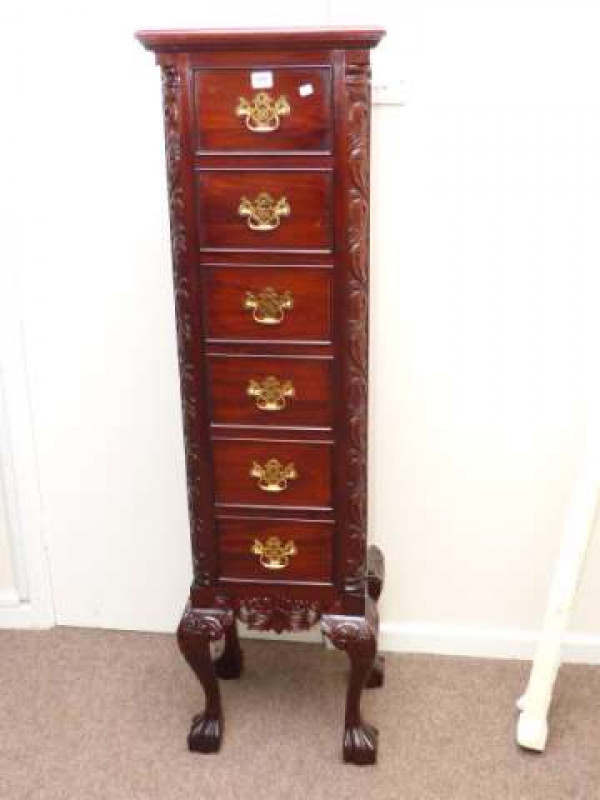 Slim mahogany Chippendale style six drawer chest