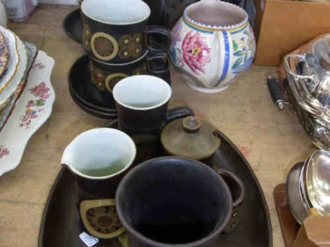Poole Pottery Jug, Denby Arabesque Mugs, Cups, Saucers, Condiments etc