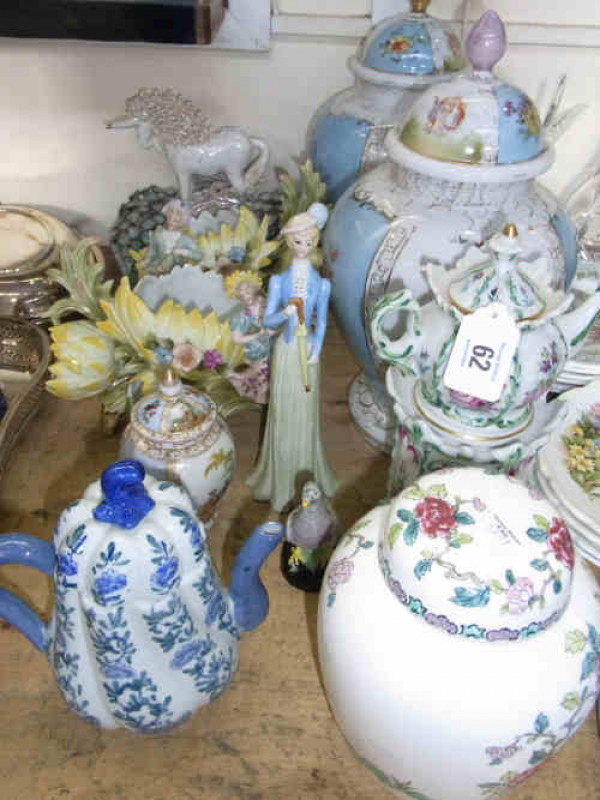 Pair of Austrian Lidded Vases, Pair of Figure and Floral Decorated Bowls, Crown Staffordshire Ginger Jar, Pottery Unicorn etc