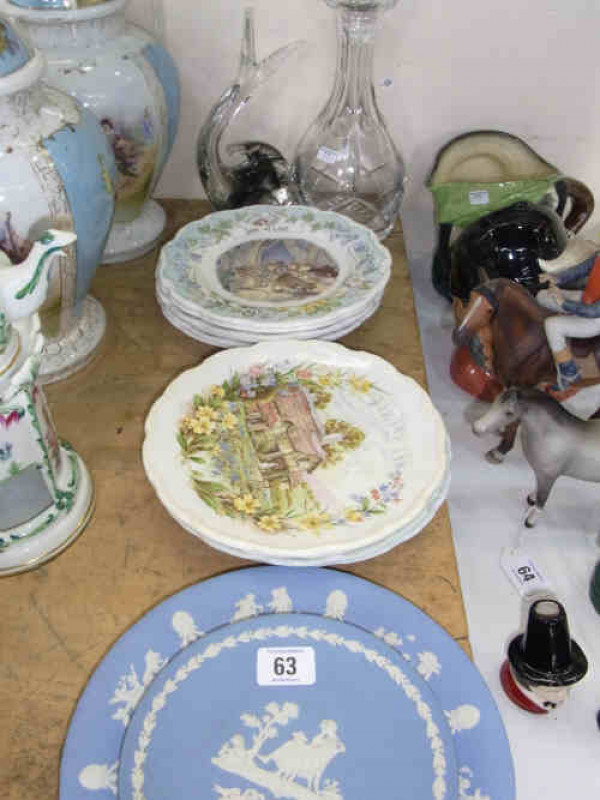 Crystal Glass Decanter, Glass Fish, Two Wedgwood Blue Jasperware Plates, Six Royal Doulton Brambly Hedge Plates and Four Royal Albert Plates 'Spring', 'Summer', 'Autumn' and 'Winter'