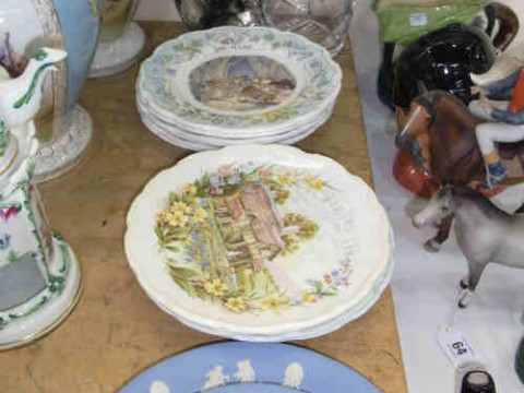 Crystal Glass Decanter, Glass Fish, Two Wedgwood Blue Jasperware Plates,...