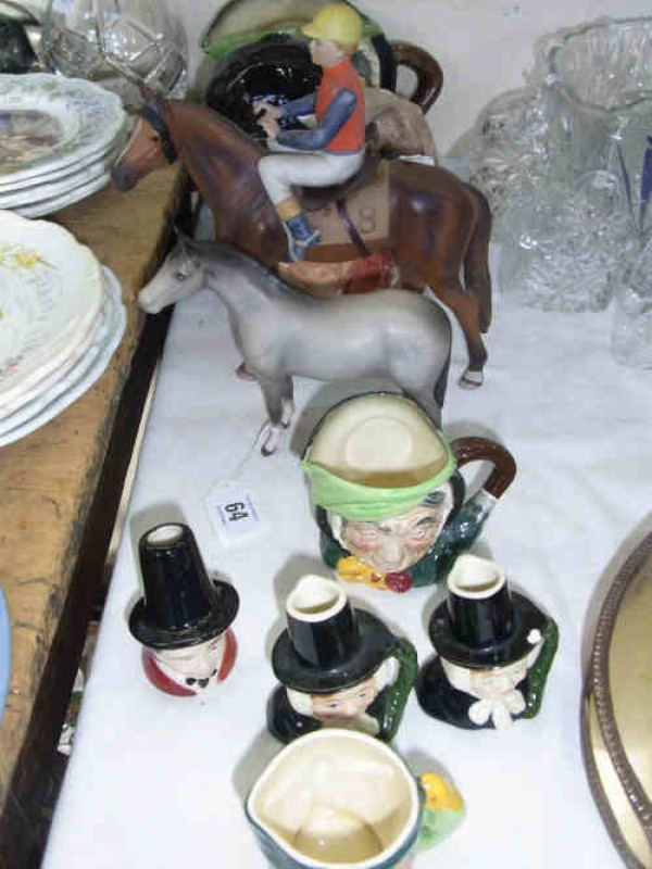 Beswick Grey Horse, Two Large Royal Doulton Character Jugs 'Sairey Gamp' and 'Gone Away', Small Character Jug 'Sairey Gamp' and Four Other Character Jugs, Jockey on Horseback