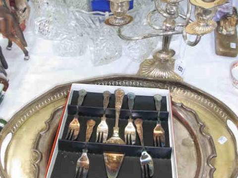 Glass Punch Bowl and Glasses, Two Silver Plated Trays, Candelabra etc