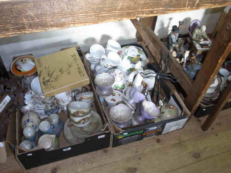 Three Boxes of Assorted Ceramics including Two Capo Di Monte Figures, Japanese Tea Service, Four Maling Sundae Dishes etc