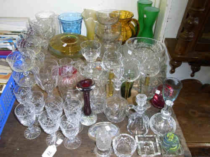Collection of Coloured and Clear Glassware including Bowls, Vases, Paperweights etc