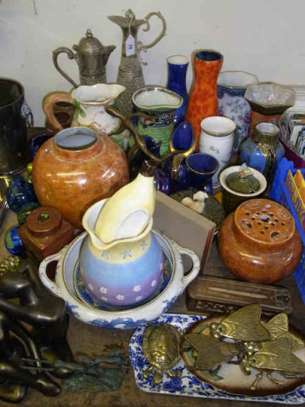 Two Claret Jugs, Glass Paperweights, Assorted China, Brass Ware etc