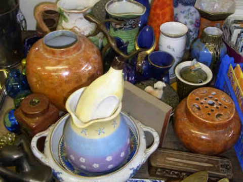 Two Claret Jugs, Glass Paperweights, Assorted China, Brass Ware etc