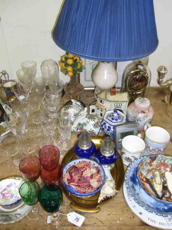 Anniversary Clock, Table Lamp, Victorian Coloured Wine Goblets, Imari Bowl, China and Glassware