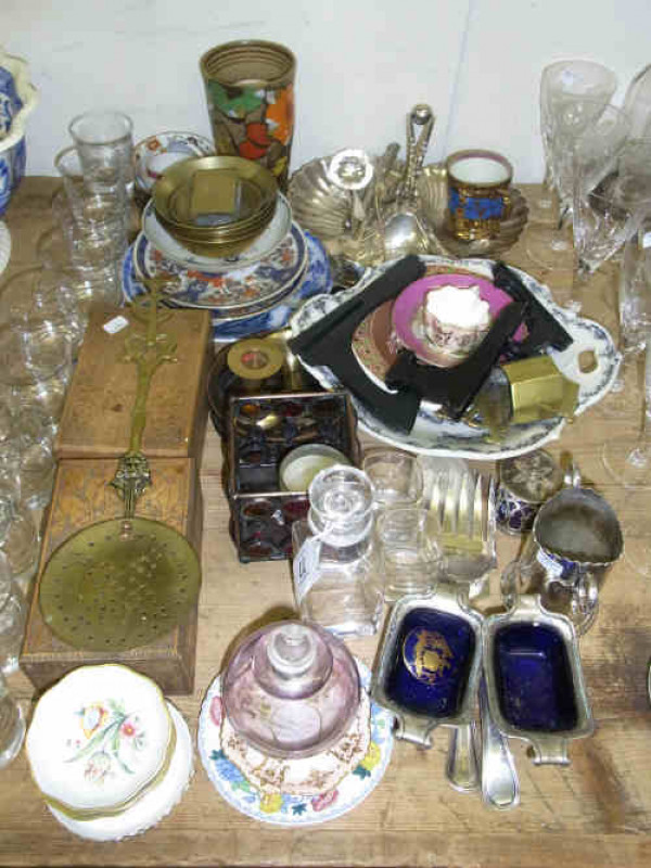 Two Wooden Cigarette Boxes, Eleven Etched Glass Tumblers, Silver Plated Ware and China