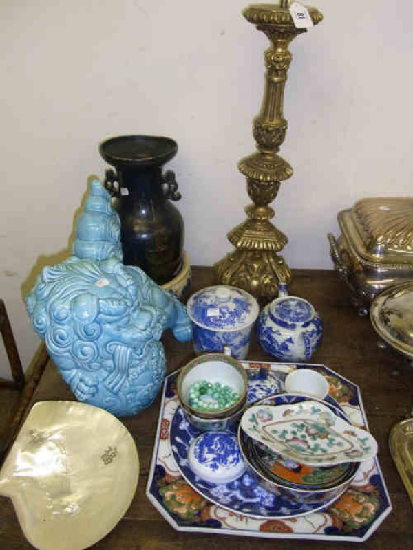 Collection of Oriental China, Gilt Candle Holder, Dog of Fo etc