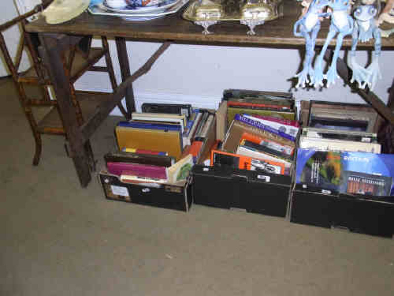 Three Boxes of Various Books and Bamboo Magazine Stand