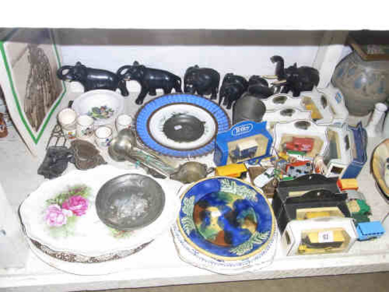 Collection of Graduated Elephants, Assorted Plates, Model Vehicles, Cutlery etc