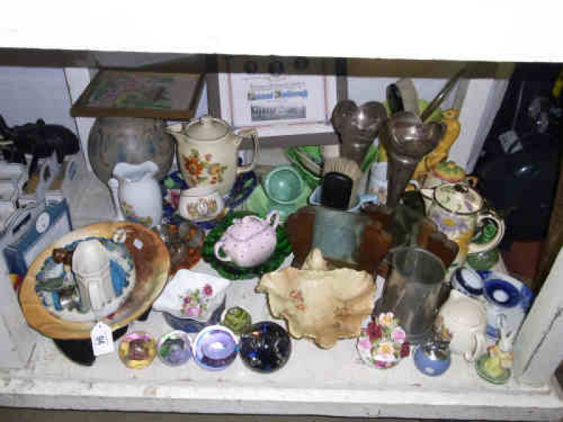 Glass Paperweights, Worcester Shell Dish, Crown Devon Bowl, Carlton Leaf Dish, Pair of Plated Vases and Various China