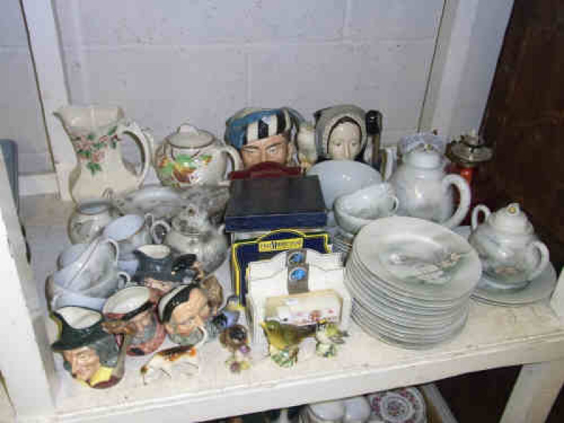 Oriental Eggshell Teaware, Two Large Doulton Character Jugs and Four Small, Oil Lamp Reservoir, Ringtons Jug and Teapot, Three Beswick Birds and Hound etc